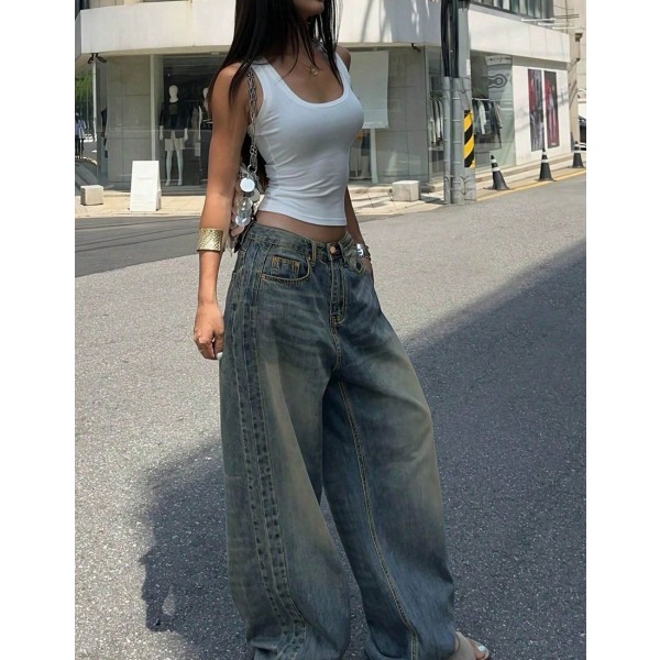 Vintage Washed Blue Wide Leg Jeans, American Loose Casual Wide Leg Dragging Pants, Women's Fashion For Fall Y2K Streetwear