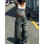 Vintage Washed Blue Wide Leg Jeans, American Loose Casual Wide Leg Dragging Pants, Women's Fashion For Fall Y2K Streetwear