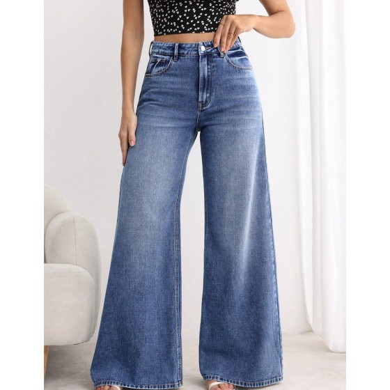 Women s Loose Casual Pocket Design Wide Leg Jeans