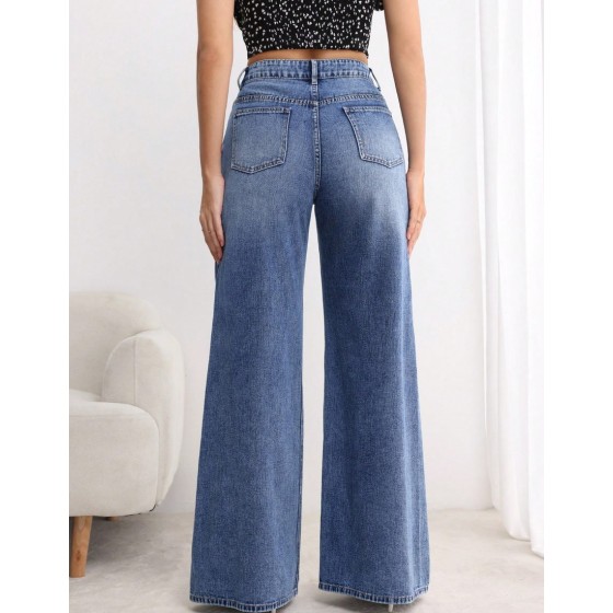 Women s Loose Casual Pocket Design Wide Leg Jeans