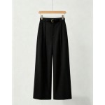 Mid Waist Solid Color Elegant Straight Leg Pants With Belt Black Spring Office