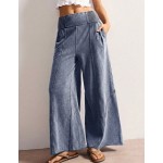 Women s Casual Solid Color Knit Loose Wide Leg Washed Pants
