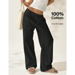 Women Plain Simple Low Waist Straight Leg Pants Ladies Spring Fall Casual Pocket Zipper Ultra Long Black Cotton Loose Daily Wear