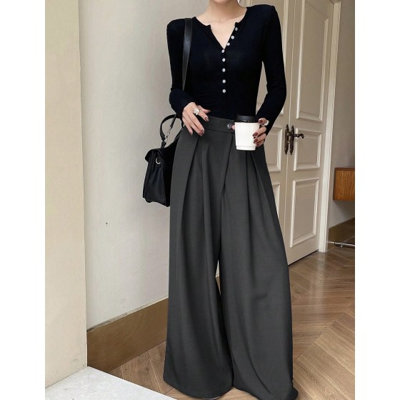 Women Solid Color Pleated Casual Pockets High Waist Wide Leg Pants Back To School Clothes