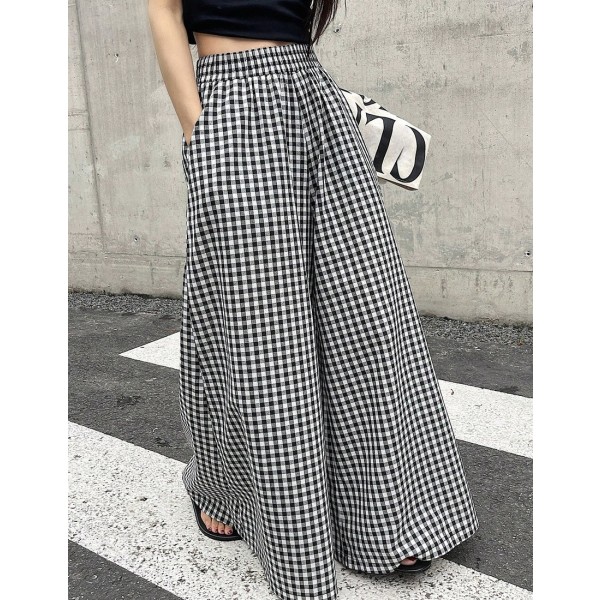Spring And Summer Checked High Waist Wide Leg Pants With Elastic Waistband Plaid