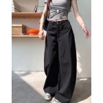 Washed Curved Hem Wide Leg Pants For Women Loose Casual Fashion Versatile Long Pants Black