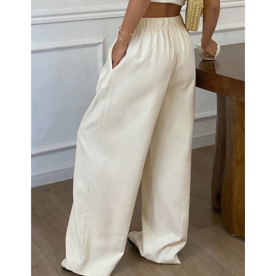 Women s Solid Color Loose Straight Leg Pants With Elastic Waist Drawstring Casual For Summer Linen