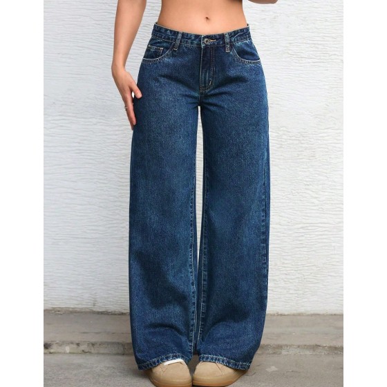 Solid Color Slant Pocket Casual Versatile Wide Leg Jeans
