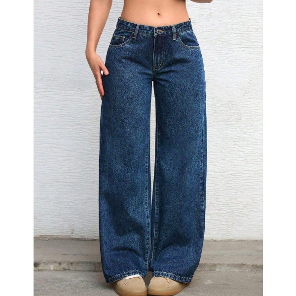 Solid Color Slant Pocket Casual Versatile Wide Leg Jeans