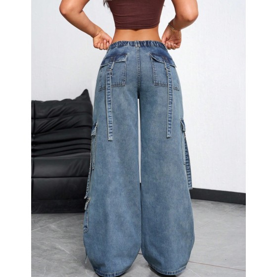 Women s Loose Casual Denim Jeans Wide Leg Blue Summer Streetwear City Break Ladies Pleats Drop Waist Mom Fit Long Pants Daily Wear Spring Fall