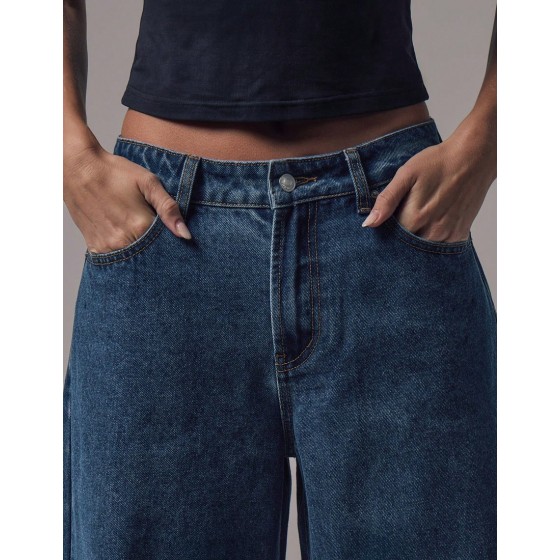 MUSERA Mid Waist Wide Leg Blue Wash Silver Button Detail Denim Jeans Rise Casual Winter Night Out Back To School Office Work Date Core Chic Spring Summer