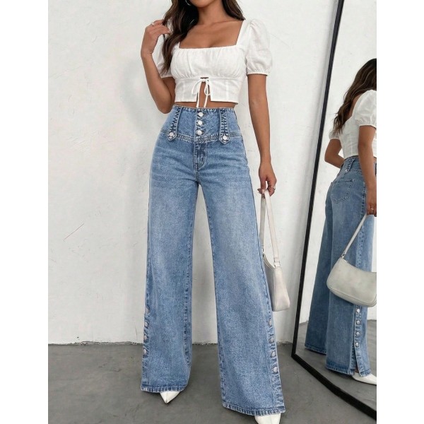 Women s High Waist Wide Leg Washed Denim Pants With Functional Buttons Medium Stretch Suitable For Daily Wear Casual Fall