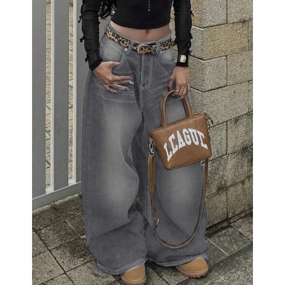 Retro High Street Washed Gray Denim Jeans Women s Fashion Design Straight Loose Casual Wide Leg Pants For Fall