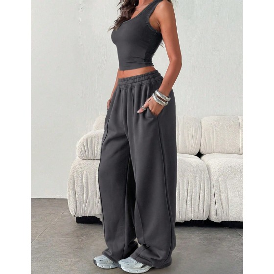 Women Casual Loose Solid Color Elastic Waist Sweatpants With Pockets Winter
