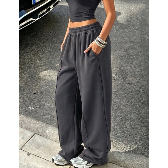 Women Casual Loose Solid Color Elastic Waist Sweatpants With Pockets Winter