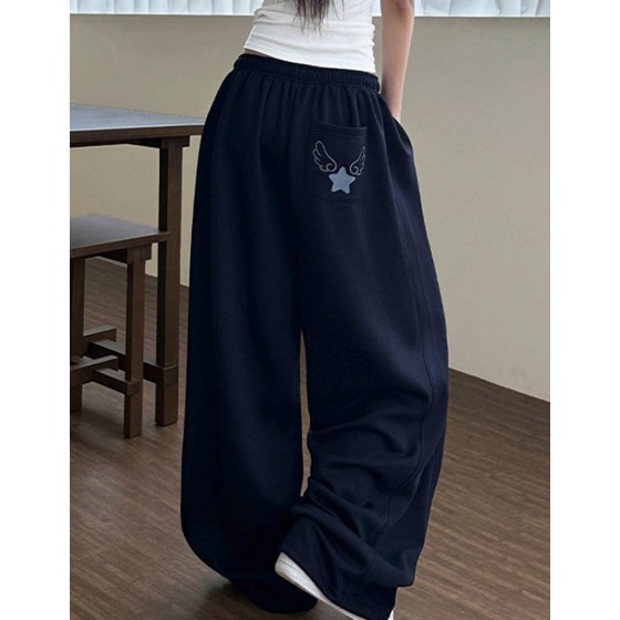 Women s Elastic Waist Pocket Wing Embroidery Pattern Casual Versatile Daily Wear Sweatpants Autumn Winter