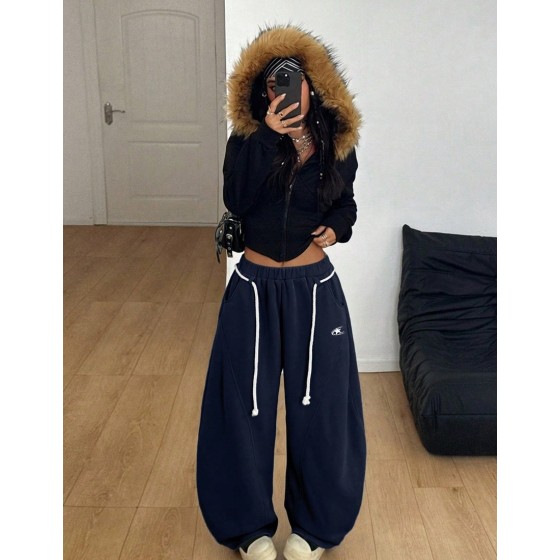 Women s Fall Winter Streetwear Back To School Preppy Casual Warm Comfortable French Grey Elastic Waistband Curved Hem Pants
