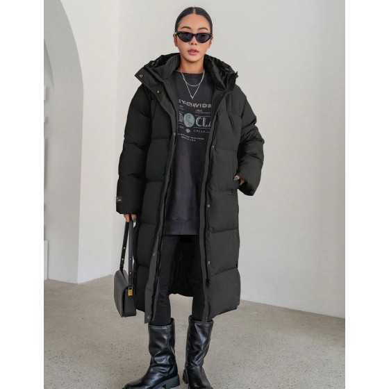 Women s Solid Color Long Sleeve Zipper Front Pocket Casual Long Hooded Winter Jacket Women Coats