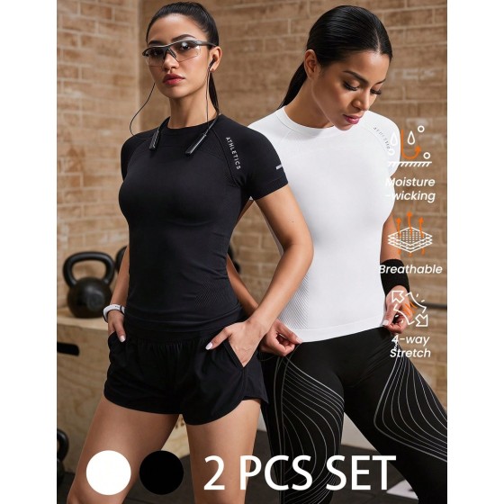 Women s Seamless Sports T Shirt Set Women s Solid Color 3 PCS Round Neck Short Sleeve Casual Fitness Sports T Shirt Casual Printed Round Neck Short Sleeve T Shirt Workout Tee Women Seamless