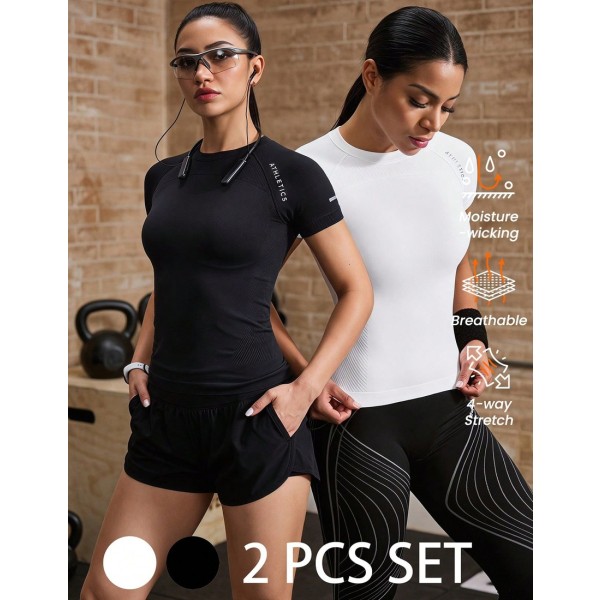 Women s Seamless Sports T Shirt Set Women s Solid Color 3 PCS Round Neck Short Sleeve Casual Fitness Sports T Shirt Casual Printed Round Neck Short Sleeve T Shirt Workout Tee Women Seamless