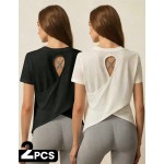 2pcs Women s Casual Sports Solid Color Minimalist Short Sleeve T Shirt