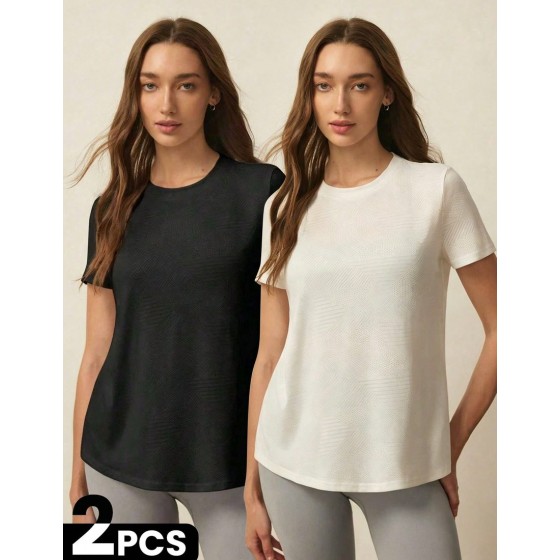 2pcs Women s Casual Sports Solid Color Minimalist Short Sleeve T Shirt