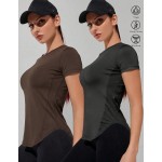 2pcs Women s Minimalist Solid Color Short Sleeve Splice Mesh Breathable Fabric Fitted Sports T Shirt