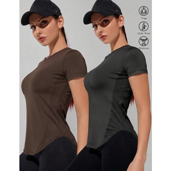 2pcs Women s Minimalist Solid Color Short Sleeve Splice Mesh Breathable Fabric Fitted Sports T Shirt