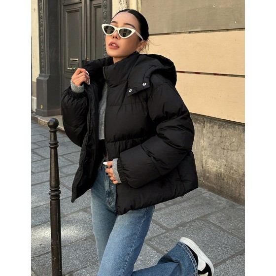 Women s Solid Color Zipper Collar Long Sleeve Hooded Casual Winter Jacket Women Coats