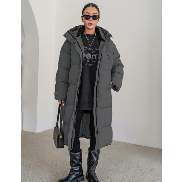 拉链抽绳连帽羽绒服，女士冬季服装，女士冬装外套