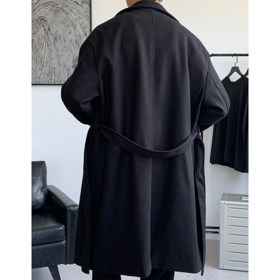 Manfinity Hypemode Loose Fit Men s Long Sleeve Lapel Collar Dropping Shoulder Belted Overcoat Plain Going Out Casual