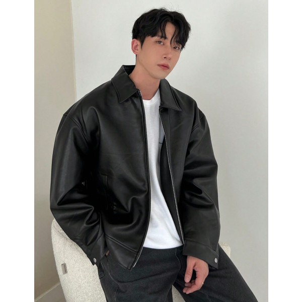 1pc Men Plain Black Faux Leather Jacket For Autumn Grunge