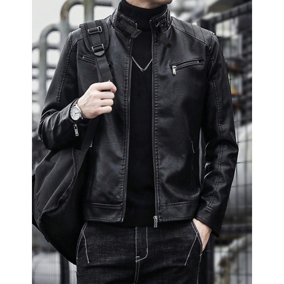 1pc Men s Leather Motorcycle Jacket Suitable For Outdoor Spring And Autumn