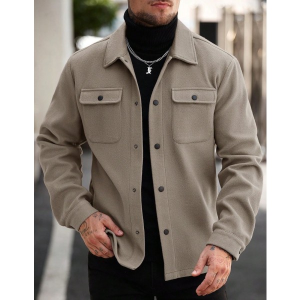 Men Solid Color Long Sleeve Single Breasted Pocket Casual Wool Blend Jacket Autumn Winter
