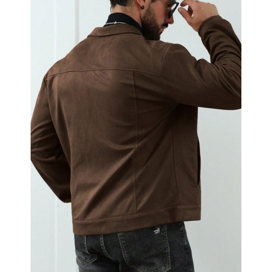 Men Solid Color Faux Suede Fleece Long Sleeve Single Breasted Casual Jacket