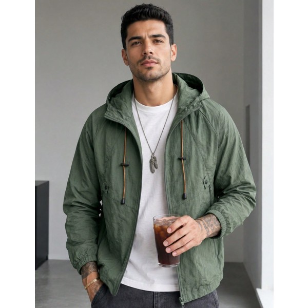 Men Gray Textured Wrinkle Hooded Zip Up Jacket Raglan Sleeve Lightweight
