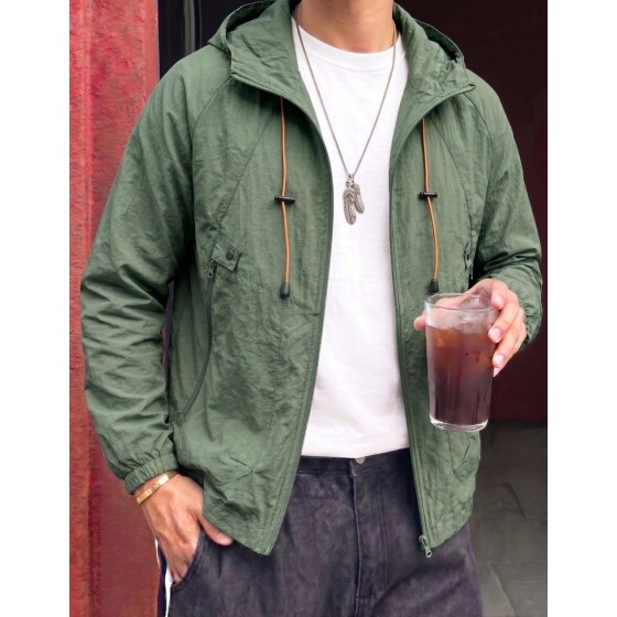 Men Gray Textured Wrinkle Hooded Zip Up Jacket Raglan Sleeve Lightweight