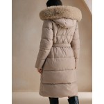 Women's Solid Color Long Sleeve Zip Up Hooded Padded Coat With Faux Fur Trim, Winter