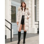 Women's Solid Color Long Sleeve Zip Up Hooded Padded Coat With Faux Fur Trim, Winter