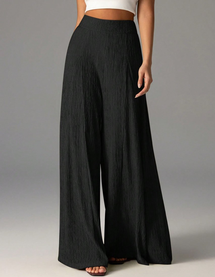 Women Elegant Casual High Waist Wide Leg Textured Pants Suitable For Daily Wear Cargo Pants