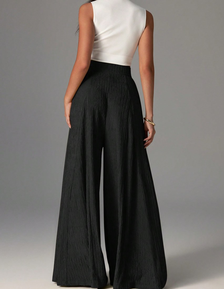Women Elegant Casual High Waist Wide Leg Textured Pants Suitable For Daily Wear Cargo Pants
