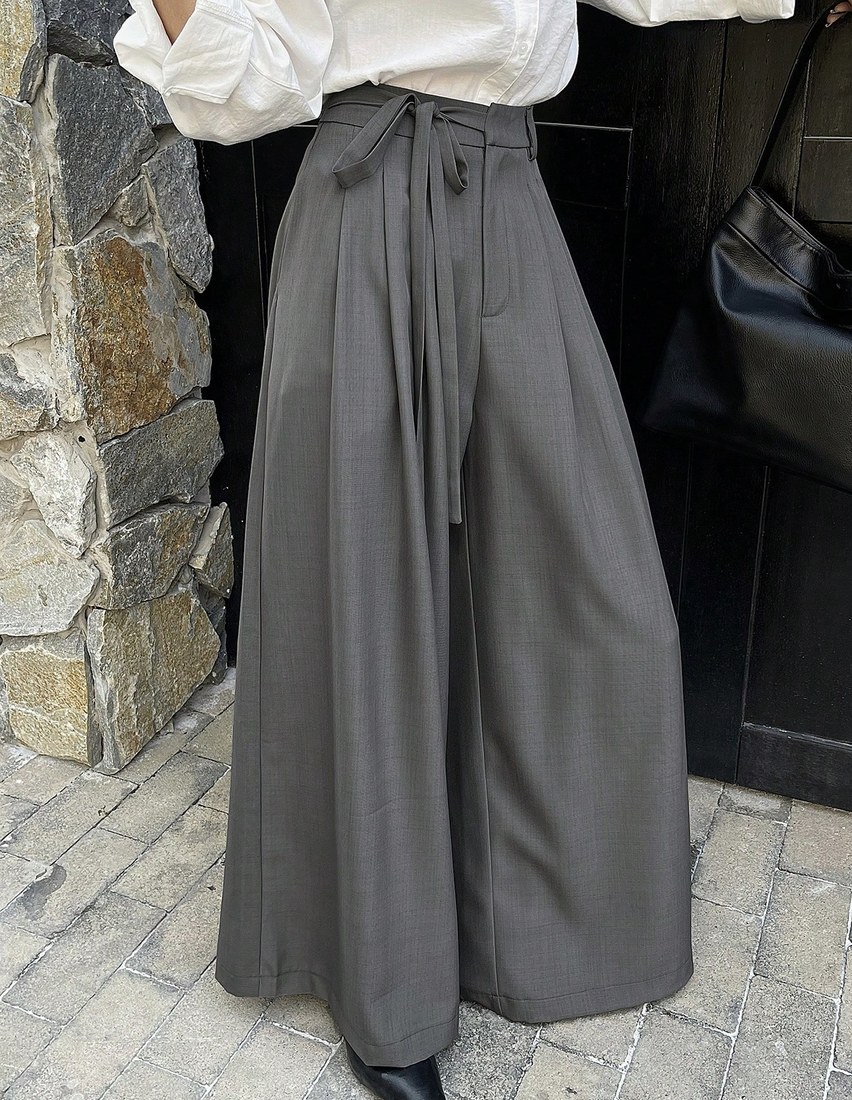 Women s Solid Color Casual Tie Up Pleated Wide Leg Pants