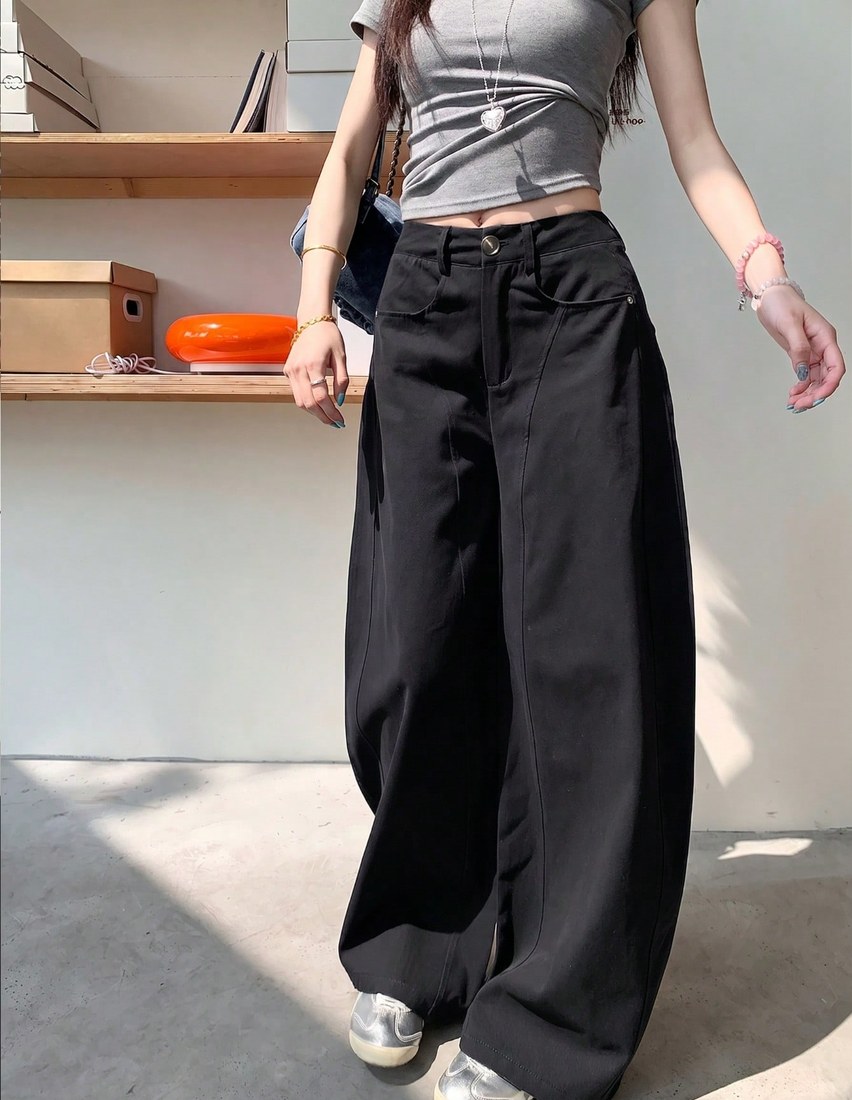 Washed Curved Hem Wide Leg Pants For Women Loose Casual Fashion Versatile Long Pants Black