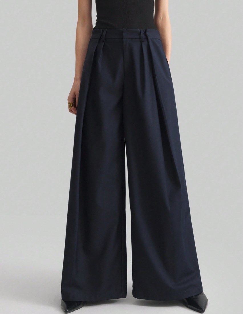 Ontre 2025 New Navy Blue Wide Leg Pants For Women Winter Elegant Office Business Casual French Style Design High Quality Premium Material Urban Commute Wear