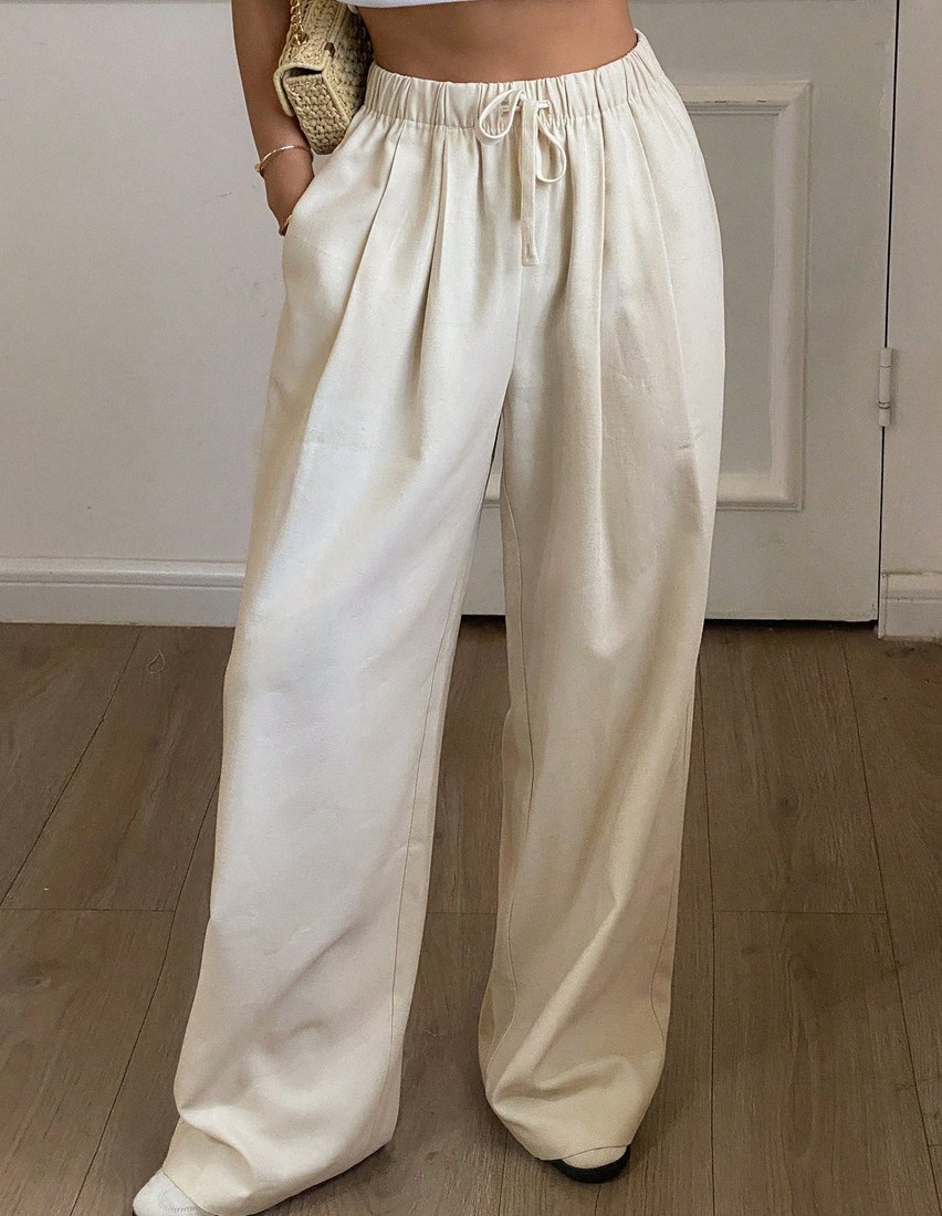 Women s Solid Color Loose Straight Leg Pants With Elastic Waist Drawstring Casual For Summer Linen