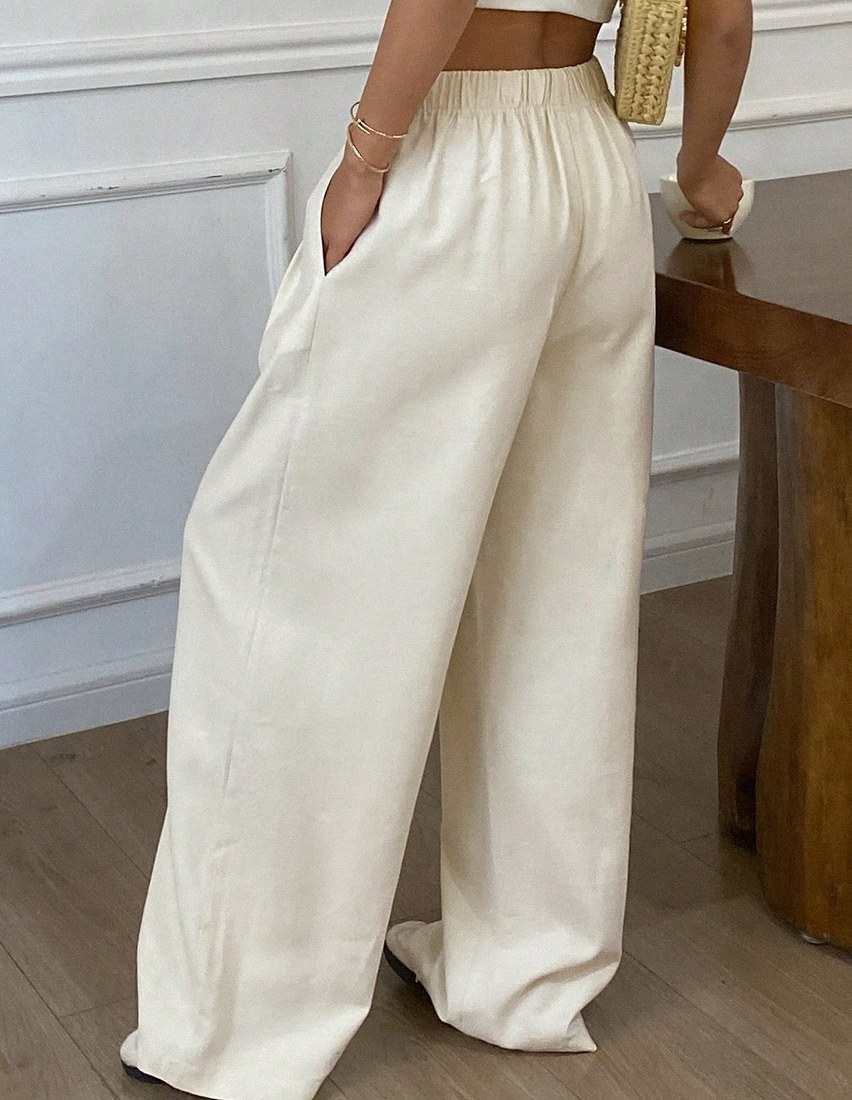 Women s Solid Color Loose Straight Leg Pants With Elastic Waist Drawstring Casual For Summer Linen