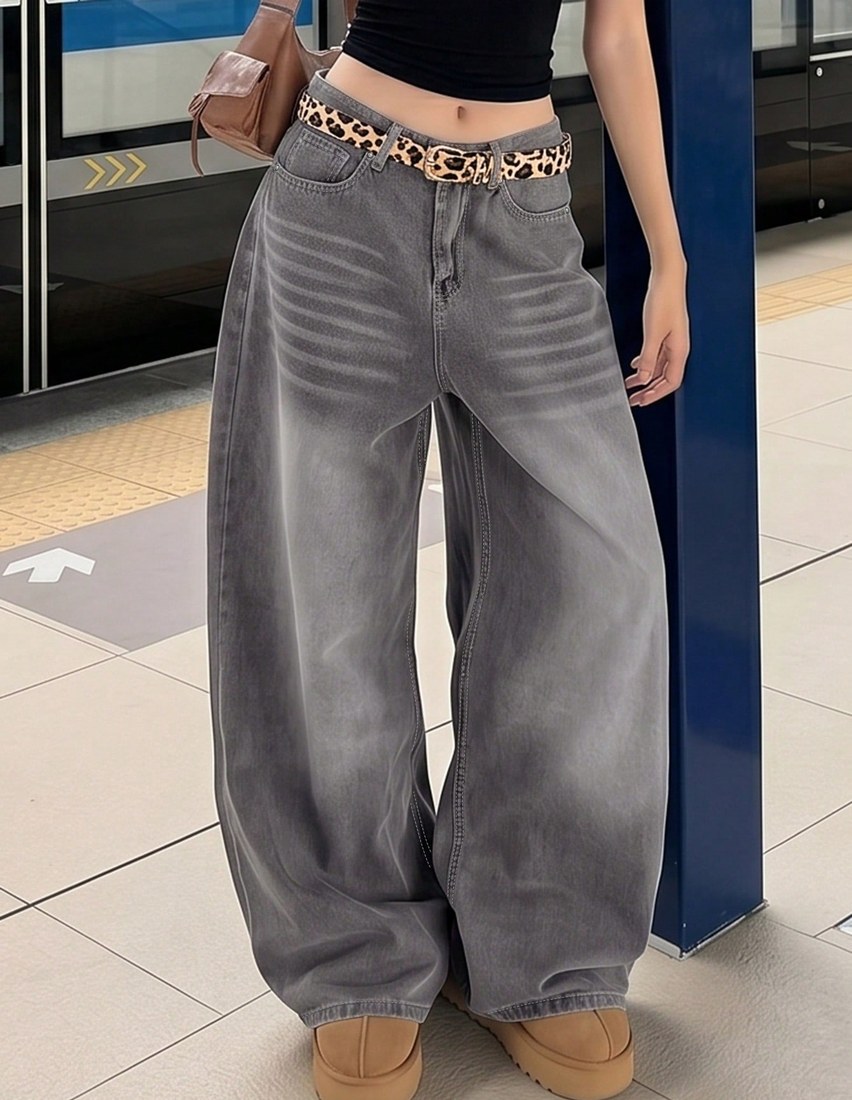 Retro High Street Washed Gray Denim Jeans Women s Fashion Design Straight Loose Casual Wide Leg Pants For Fall