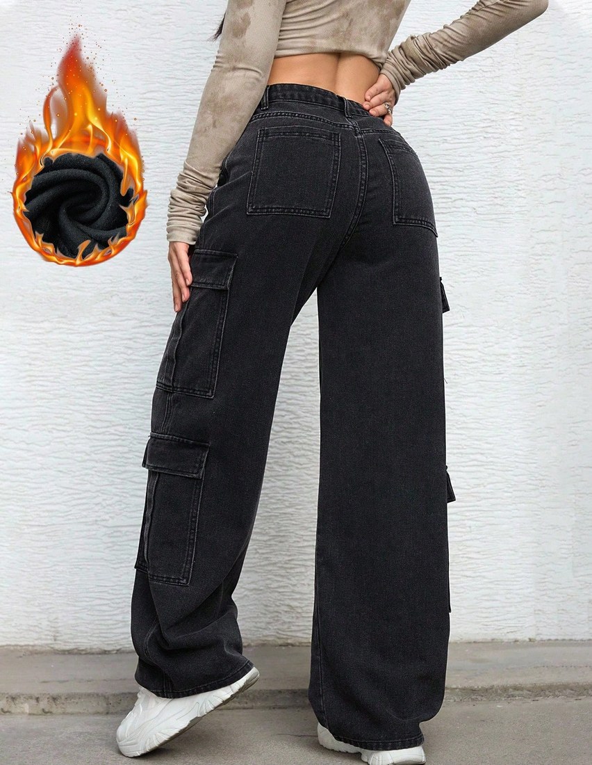 Women s Summer Zipper Fly Flap Pocket Cargo Jeans