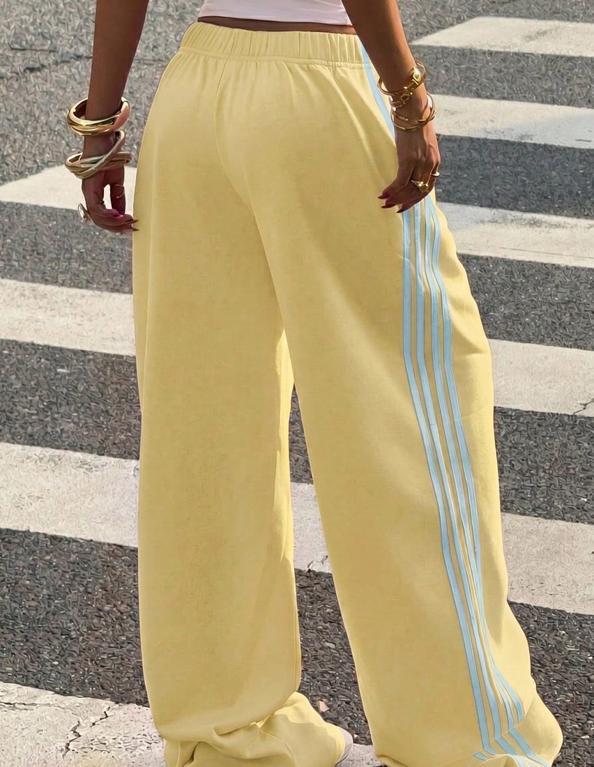 Women's Light Yellow Contrast Color Casual Sporty Loose Knit Sweatpants Back-To-School Everyday Summer