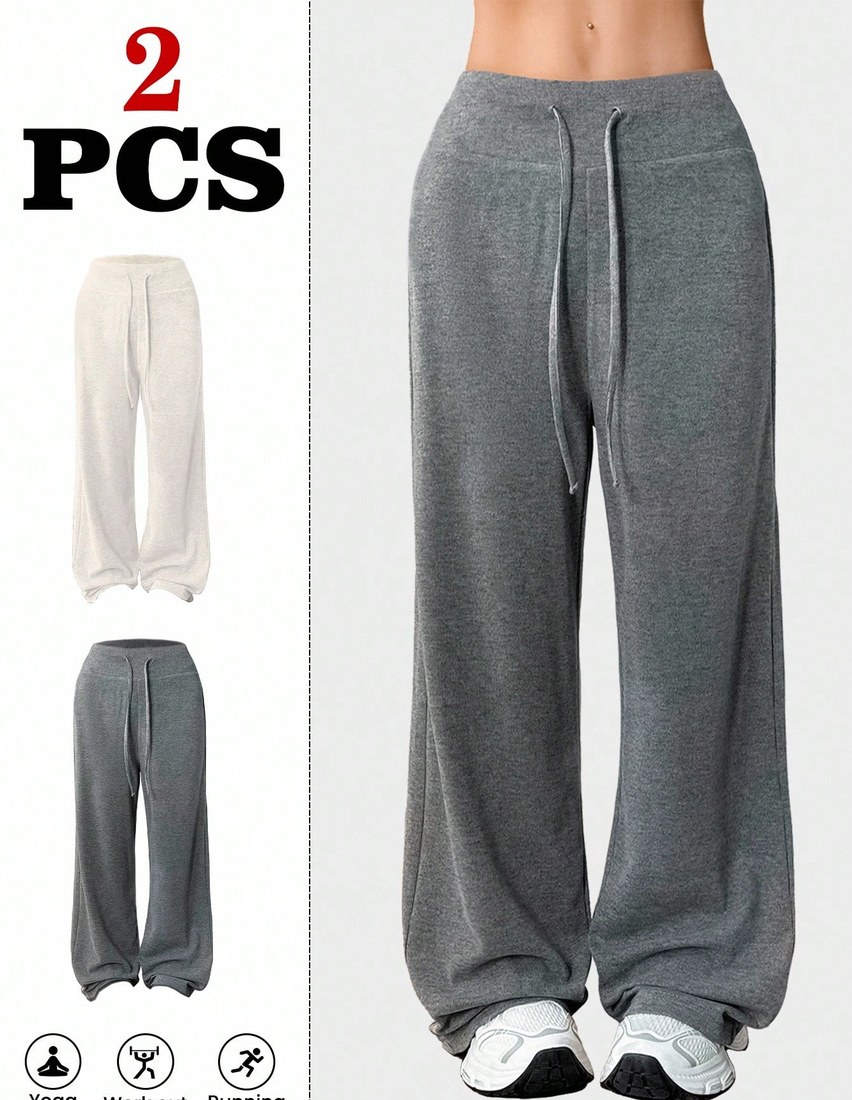 2pcs Women s Casual Drawstring Loose Fit Pants Sports Outfit Flare Sweat Pants Loose Pants
